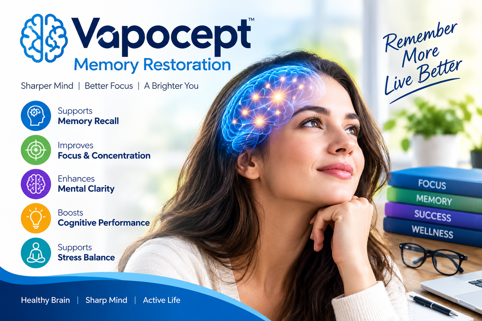 Vapocept Memory Restoration artwork: a smiling woman at a sunlit desk with a glowing brain illustration, feature badges, and the line Remember More Live Better
