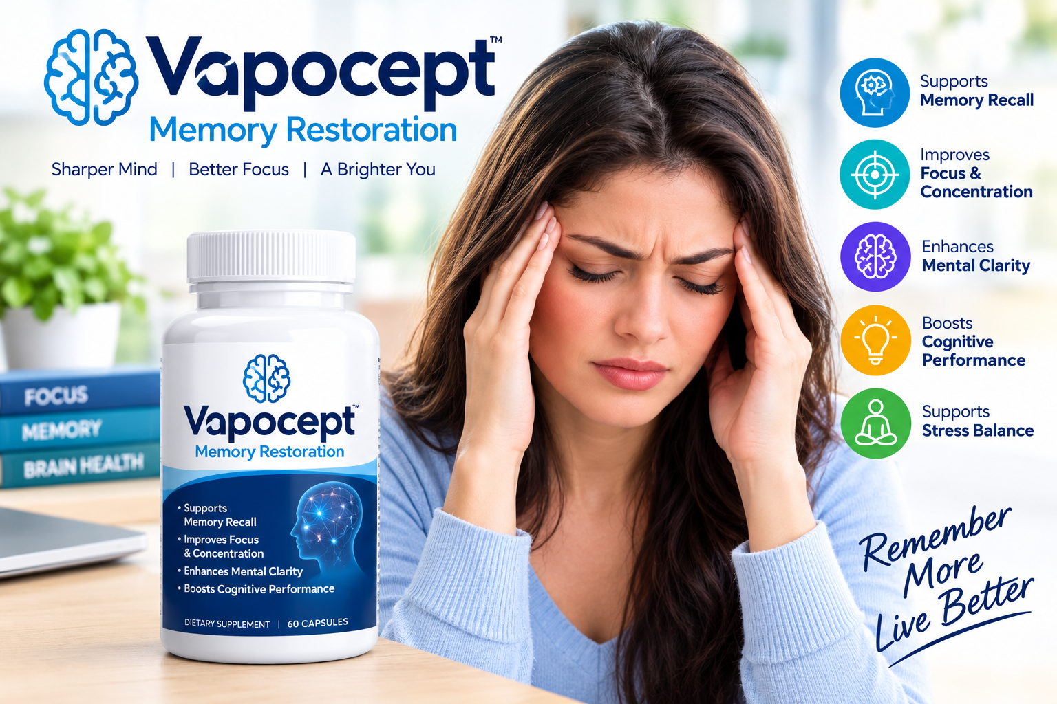 Vapocept Memory Restoration artwork: a person resting at a desk beside a Vapocept bottle, with badges for memory recall, focus, clarity, and stress balance